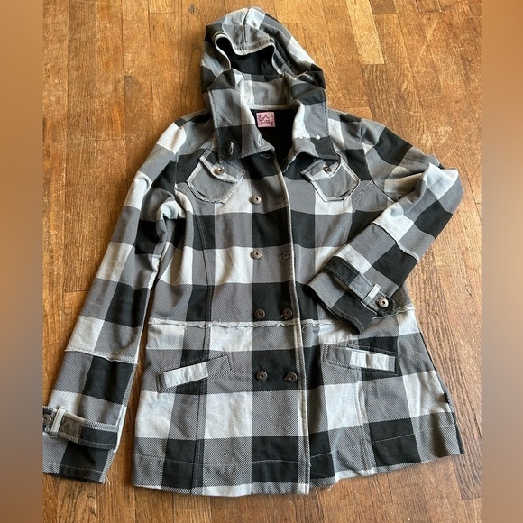 LA Kitty Women's Size Medium Black Grey Jacket Plaid Button Pockets Long Sleeves - Picture 1 of 8